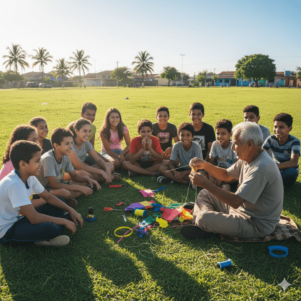 Crianças e idosos participando de atividades comunitárias