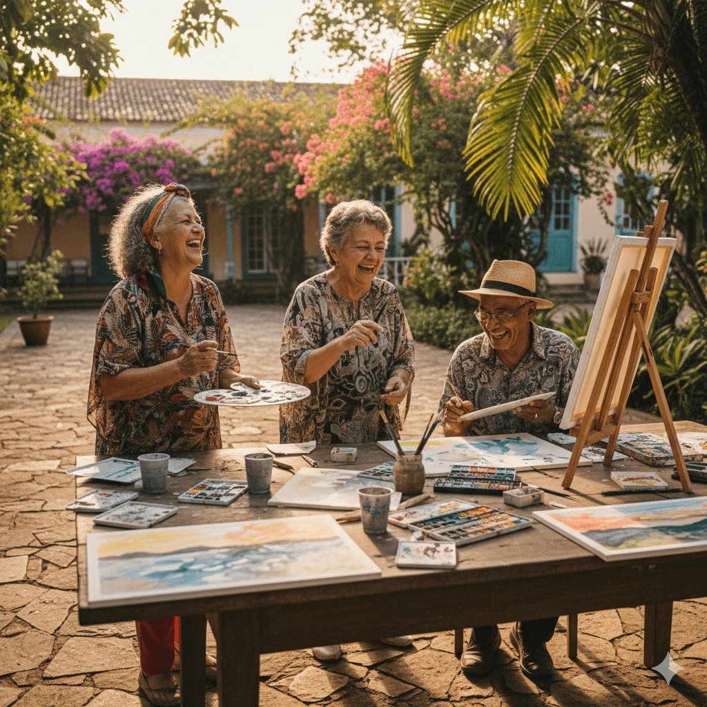 Idosos sorrindo em um ambiente acolhedor no lar LEAN